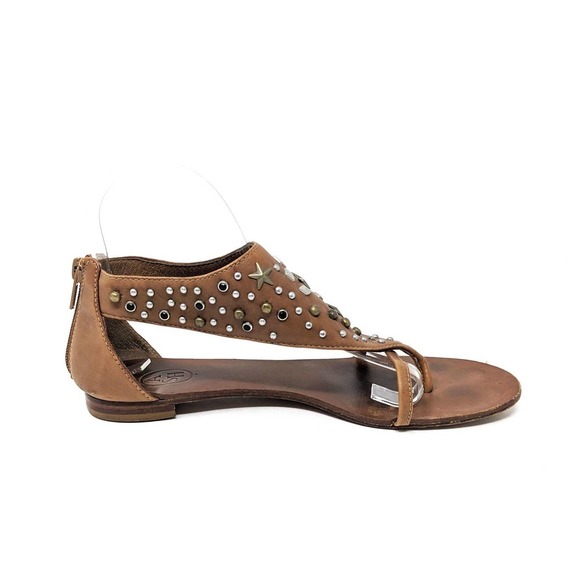 Ash Womens 8 Sandals Leather Studded Silver Gold Metallic Stars Cognac Zip 39 - Picture 2 of 9